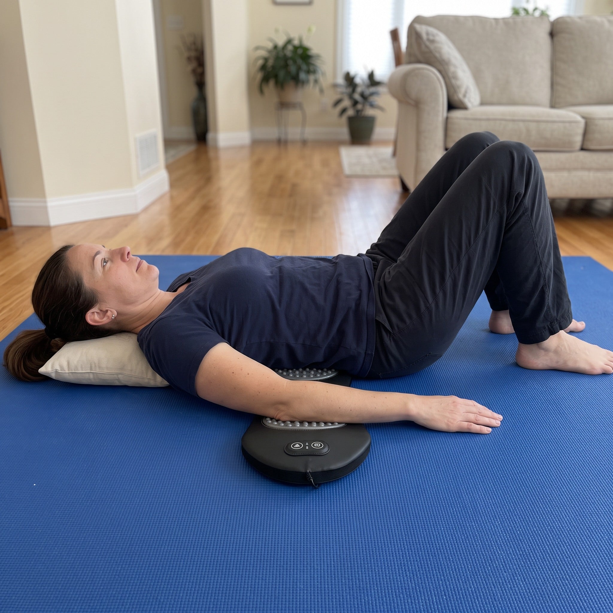 Customer lying on Easeback, flat on the mat beneath the lower-back waist