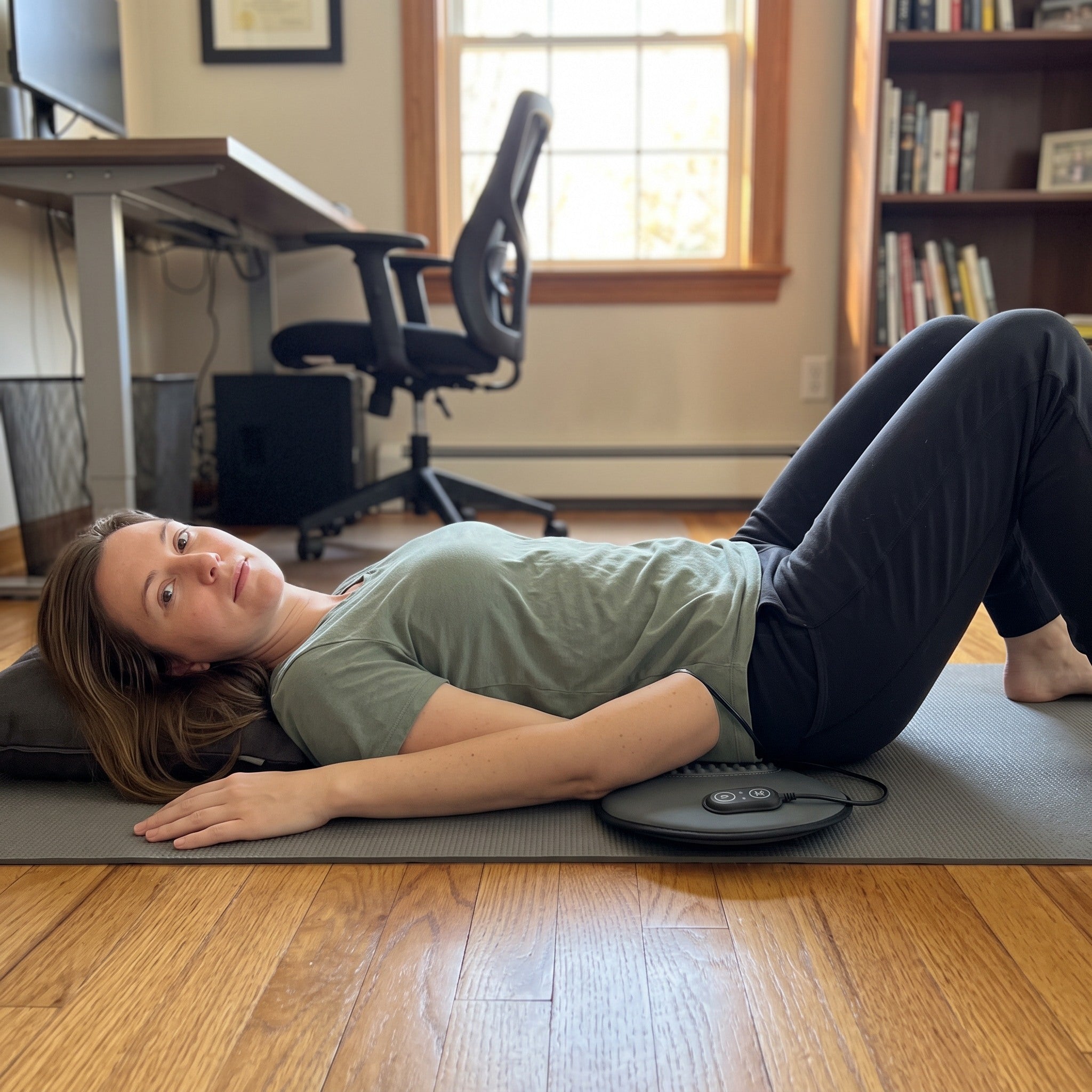 Emma lying on Easeback, flat beneath her lower back