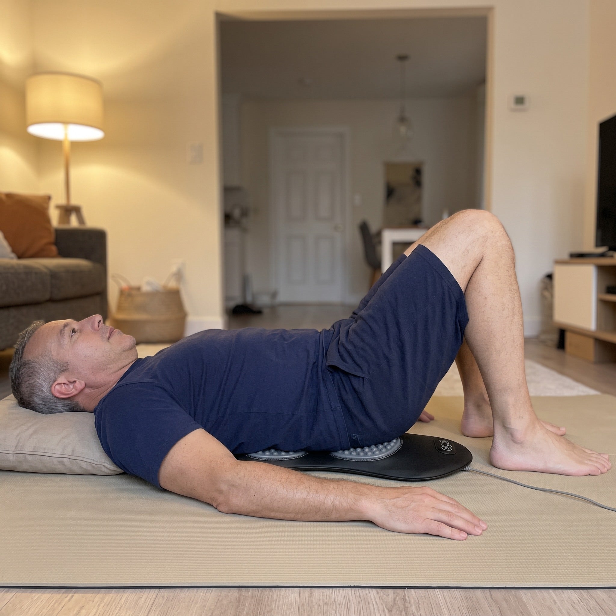Daniel lying on Easeback during a quiet home break